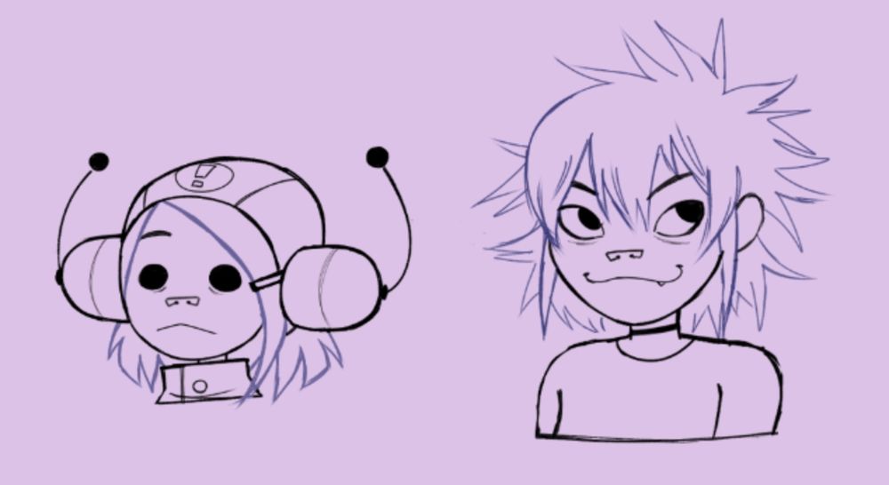 two sketches of noodle from the band gorillaz. the first one (left) is her phase 1 design, while the second (right) is her phase 4 design 