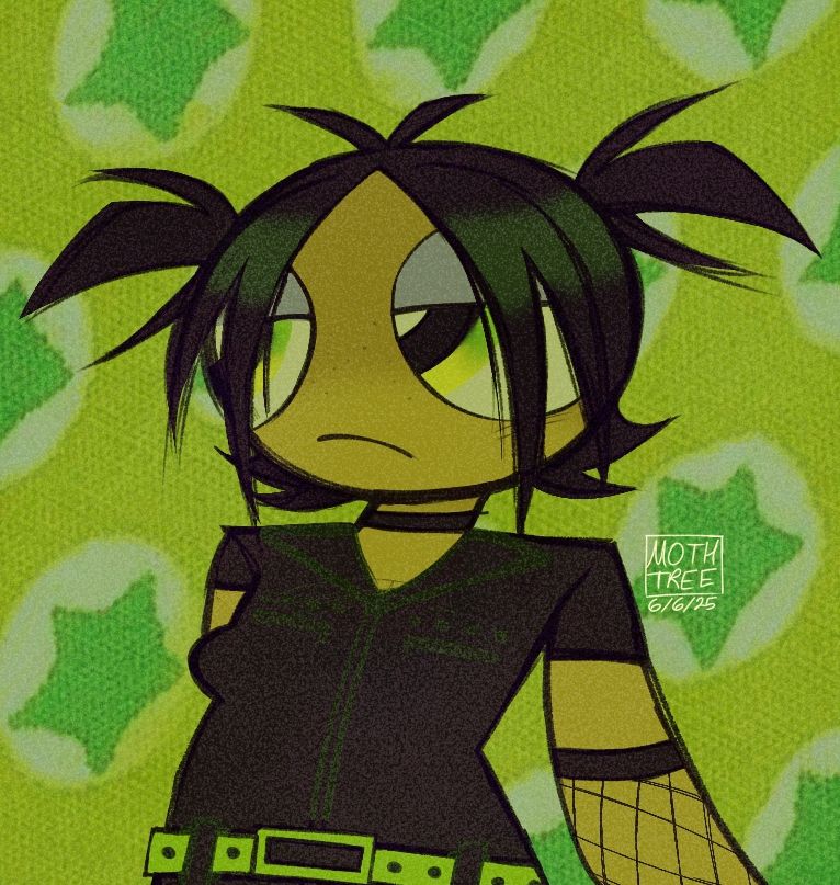 fanart of teen buttercup from the powerpuff girls. she has her hair up in pigtails and is wearing an all-black mall goth outfit