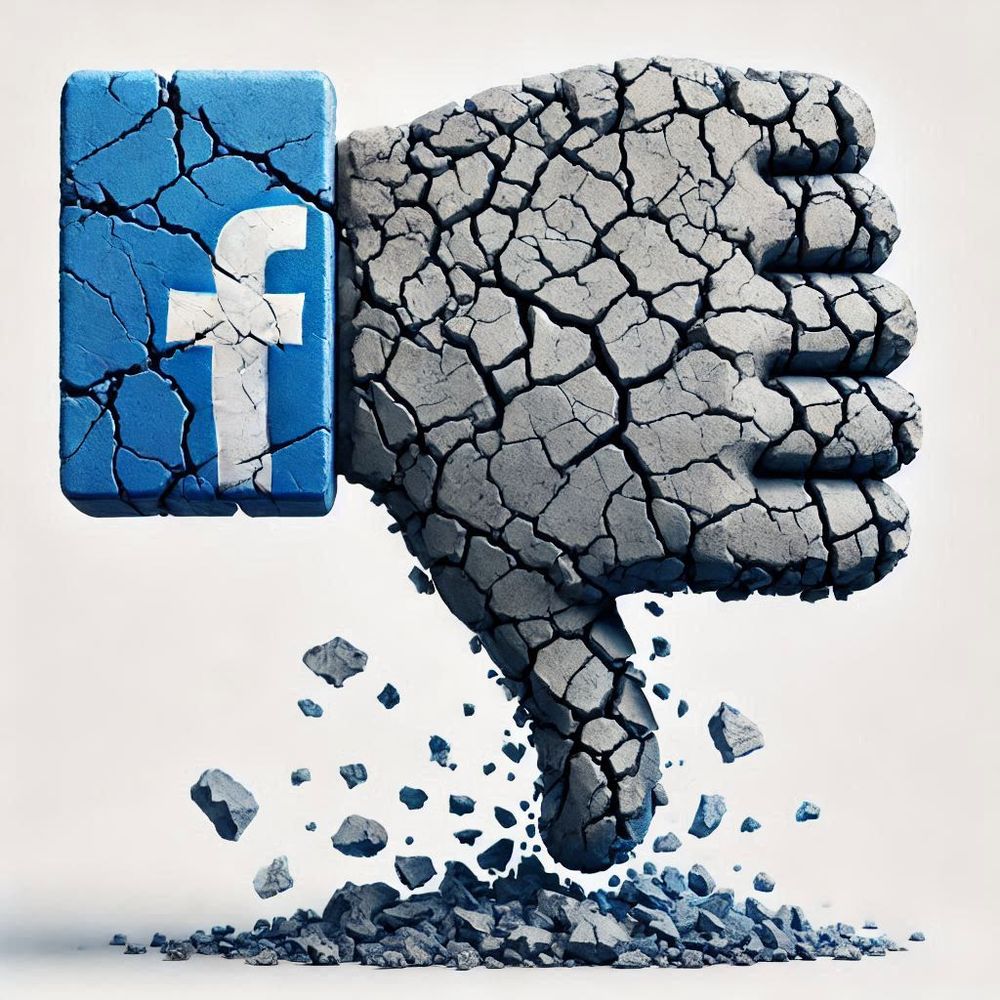 This is an AI-generated image of the Facebook thumbs up icon. Only made of stone, with the thumbs down, and actively crumbling. Oh, and with too many fingers.