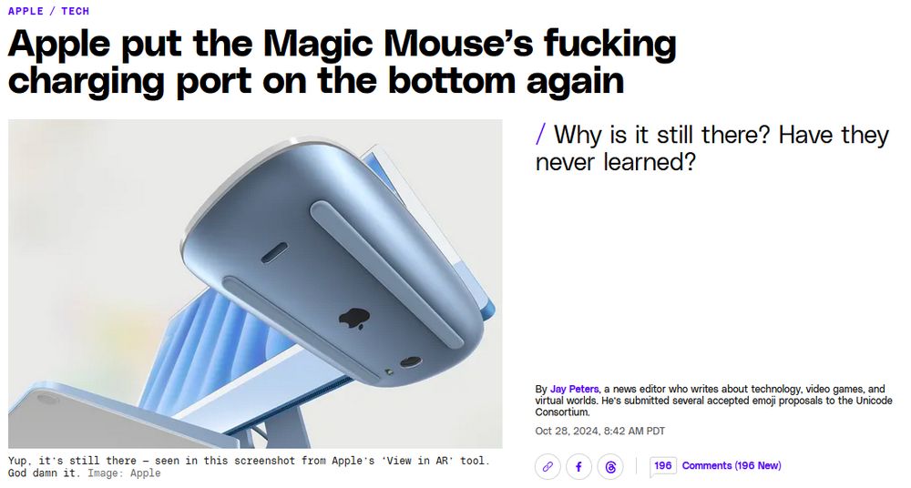 Text that says "Apple put the Magic Mouse's fucking charging port on the bottom again" above an image of an Apple Magic Mouse, to the side it says "Why is it still there? Have they never learned?", and to the bottom it says "Yep, it's still there - seen in this screenshot from Apple's 'View in AR' tool. God damn it."