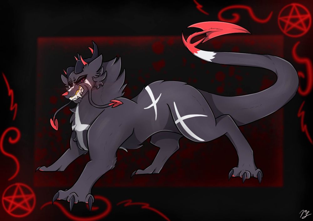Black demon eastern dragon with white cross like markings on his chest, back,  and rear legs.
Tail ends with a white ring then red spade.
Facial expression is a snarling grin with teeth and fangs showing
Eyes are black with red iris and black star like pupil.
