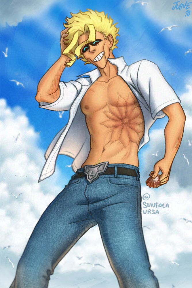 A drawing of Toshinori Yagi from the shins up. His white shirt is unbuttoned and blowing in the wind as he smiles with several scars showing. He is holding a seashell, and there are blurry seagulls in the background to hint that he's on a beach.