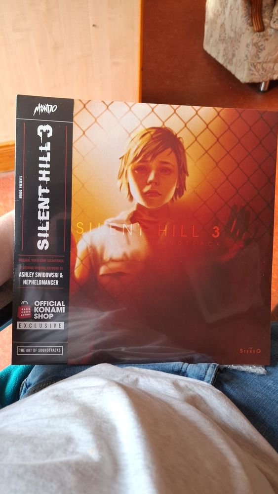 Holding a copy of the Silent Hill 3 Soundtrack on viny, featuring protagonist Heather Mason standing behind a chain link sense with a sad, tired and resigned look on her face while bathed in red and rust coloured tones