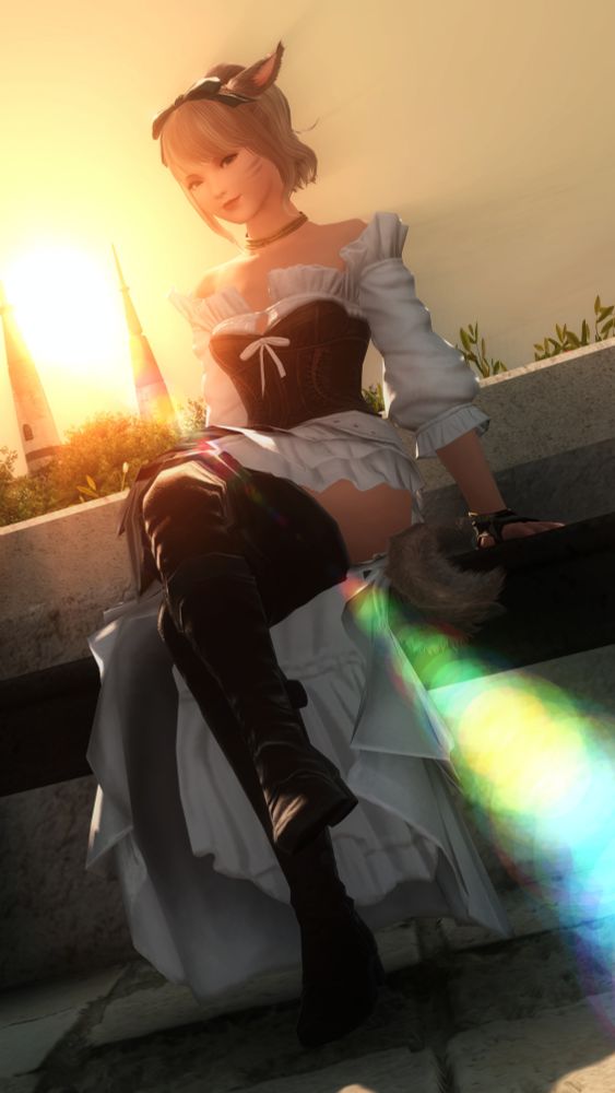 A Miqo'te wearing a white dress with brown boots and a corset smiles at the viewer while sitting on a bench at sunset