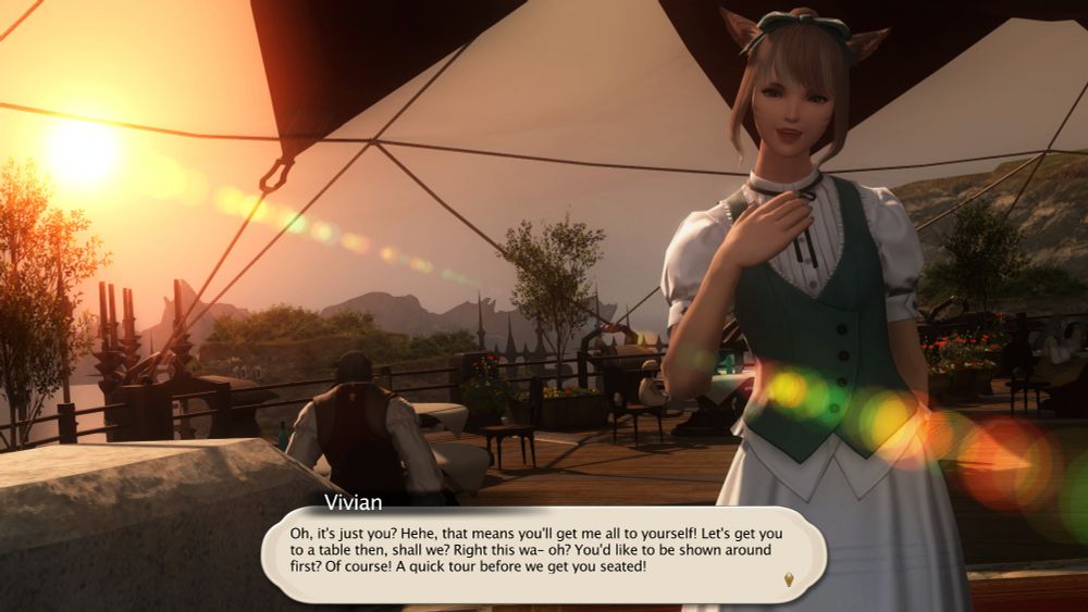 The same shot but with Vivian in a different pose, her dialogue reading:

"Oh, it's just you? Hehe, that means you'll get me all to yourself! Let's get you to a table then, shall we? Right this wa- oh? You'd like to be shown around first? Of course! A quick tour before we get you seated!"