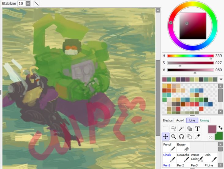 A screenshot featuring a painting of two transformers characters, Kickback and Scavenger, resting in the grass while Scavenger makes a flower crown (still in progress)