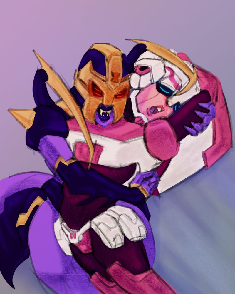 Blackarachnia from transformers animated hugging Arcee from behind. Very dramatic, very lesbian