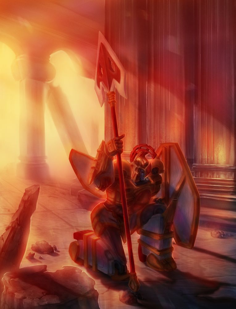 A large illustration with background featuring the inside of a Greek old temple on ruins, with a gladiator theme jet transformer oc posing on the center while holding a spear and shield