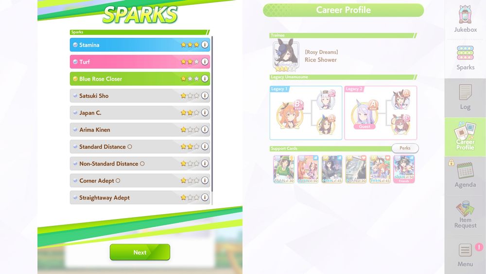 A screenshot from Uma Musume featuring skill sparks from a completed playthrough; I am freaking out?