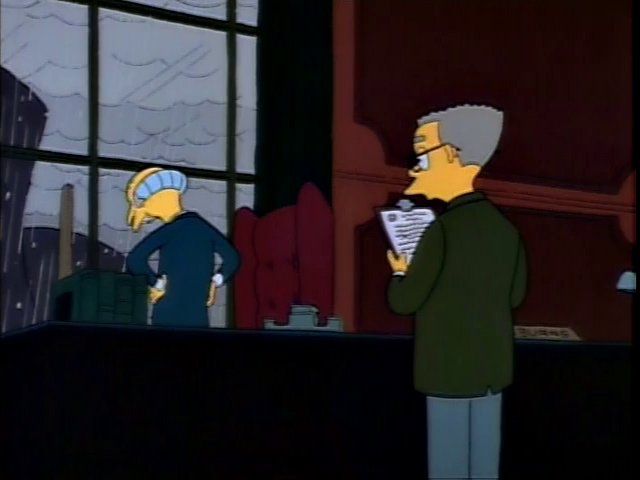 Mr. Burns looks out over the power plant and scowls in frustration.