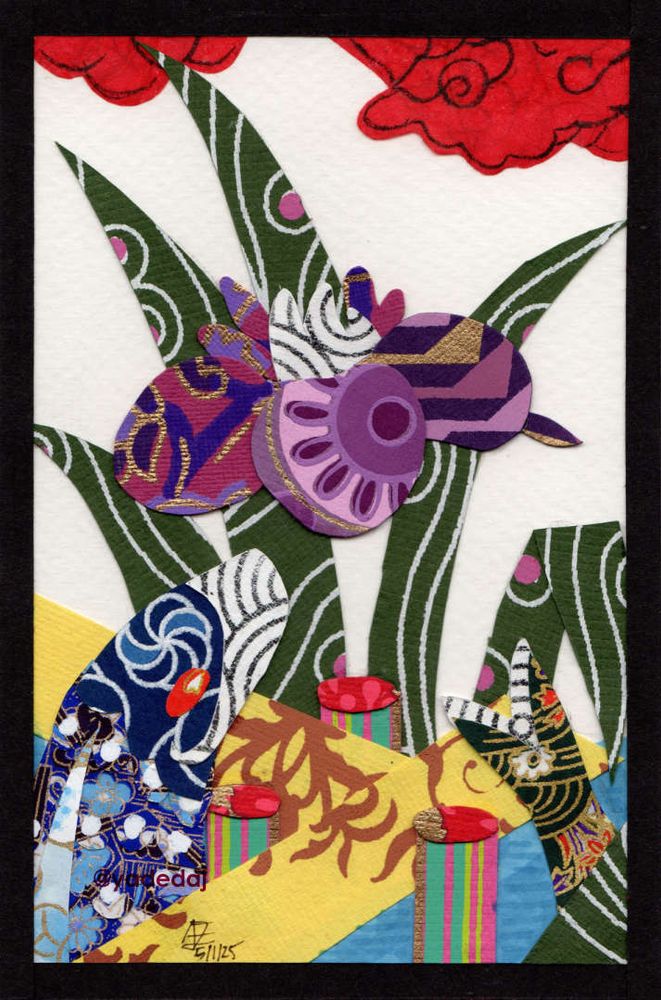 Hanafuda card for the Iris 'bridge' card but designed with various cut-out scrap paper. A blue carp head is popping out of water and dark green carp tail is driving.