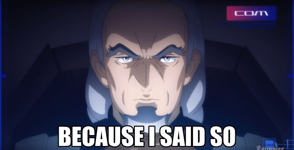 Close up of grey haired balding man with serious expression. Caption "Because I said so"