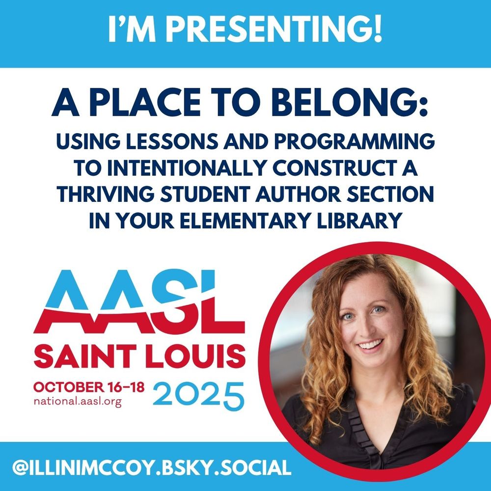 I'm presenting! announcement with the title "A Place to Belong: Using Lessons and Programming to Intentionally Construct a Thriving Student Author Section in Your Elementary Library" and a picture of Amanda.