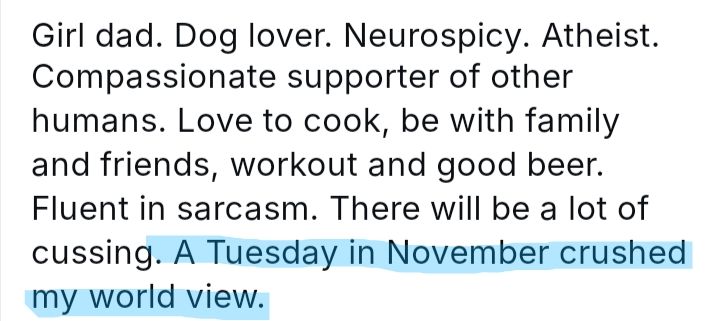 Screenshot of user bio with the line "A Tuesday in November crushed my world view." highlighted.