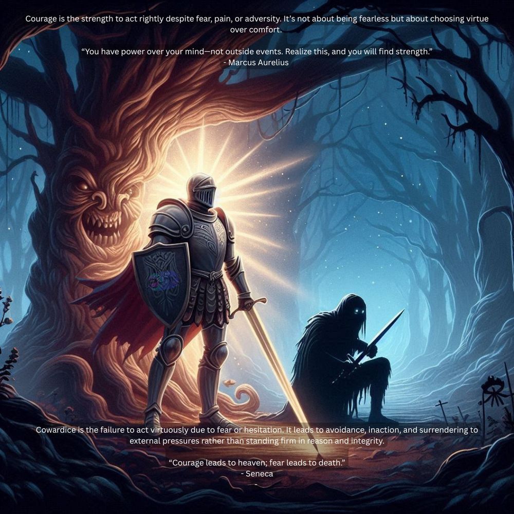 An image showing a knight (courage) and a shadowy figure (cowardice)