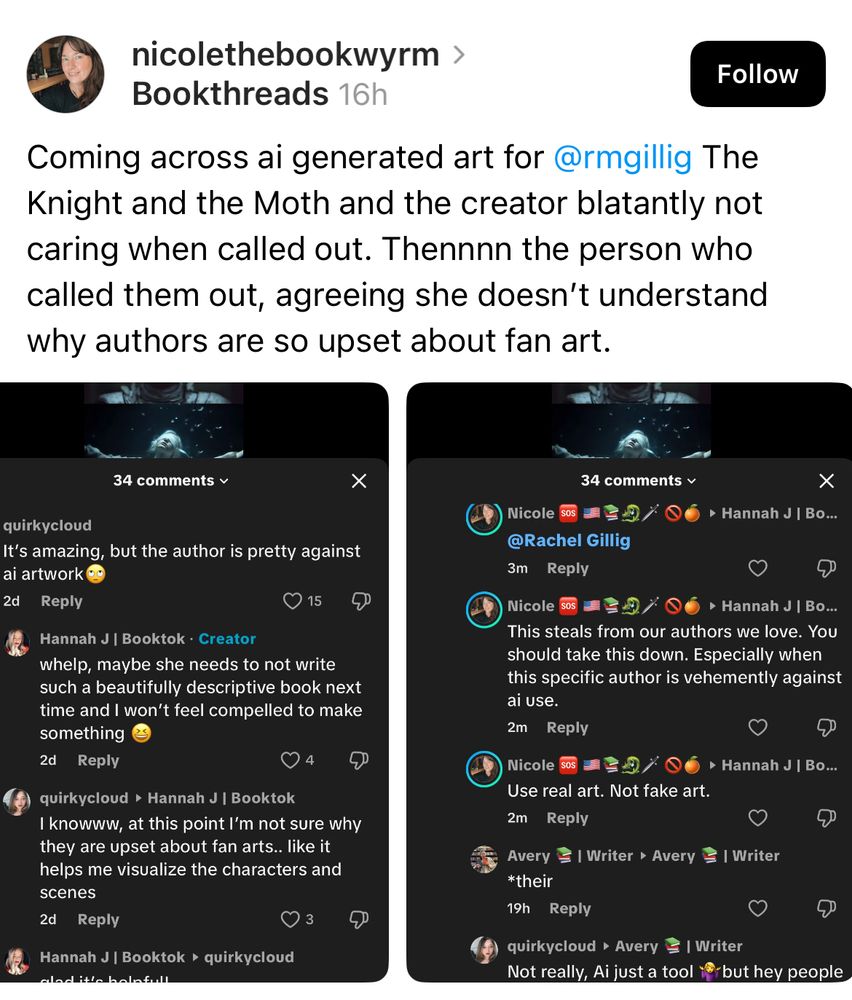 Coming across ai generated art for @rmgillig The Knight and the Moth and the creator blatantly not caring when called out. Thennnn the person who called them out, agreeing she doesn’t understand why authors are so upset about fan art.