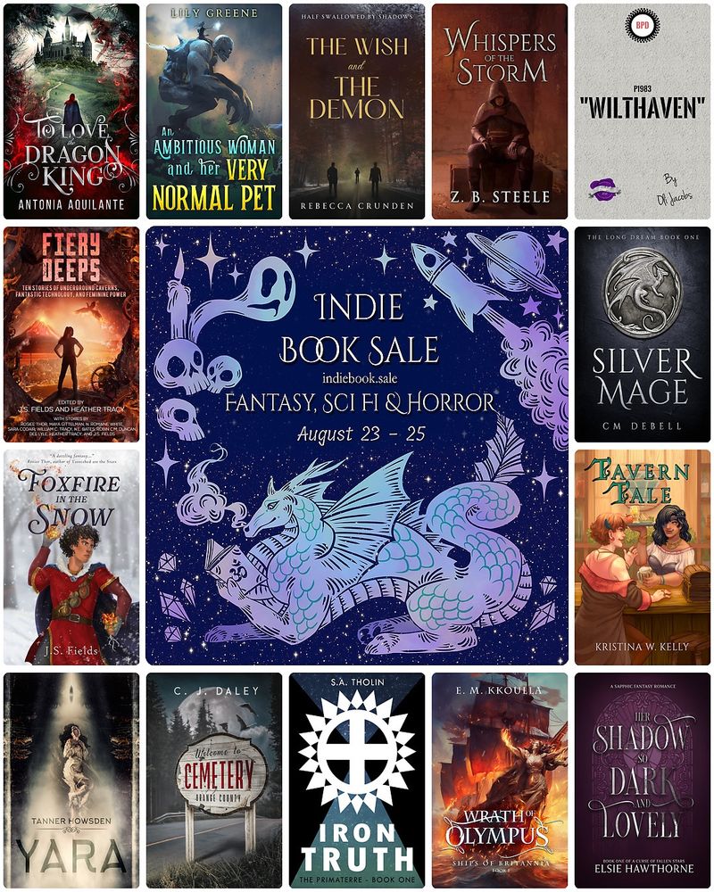 Narratess Indie Book Sale, August 23-25. Banner shows several ebooks around a graphic of a dragon reading. 