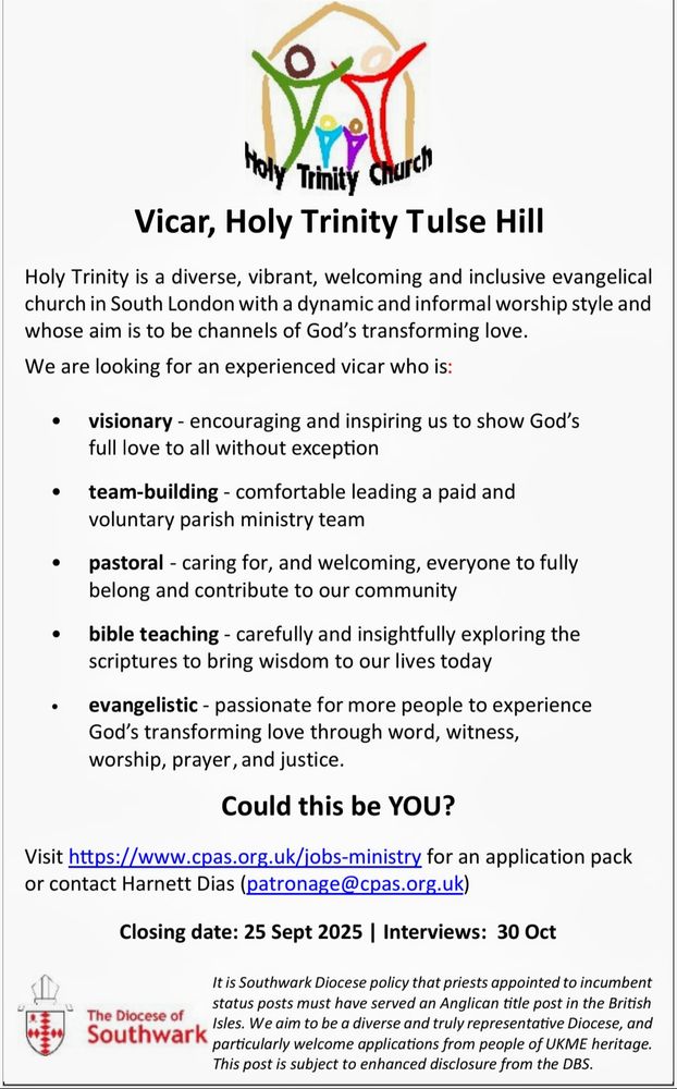 Job advert for a Vicar for Holy Trinity Church, Tulse Hill, South London. We are looking for an inclusive, visionary, team-building, bible teaching and evangelistic person.