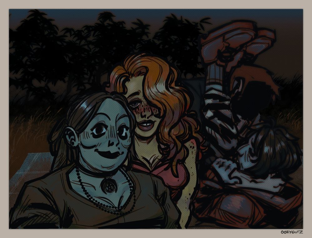 the scene takes place at a picnic outside at nighttime, fortune teller and seductive woman are at the front left of the picture, they are both smiling and looking directly at the camera. in the background behind them is the homeowner and coat guy, who are in a bent position laying down in a suggestive pose with their lower halves not visible to the viewer. coat guys legs are upright and his feet are above the homeowners head.