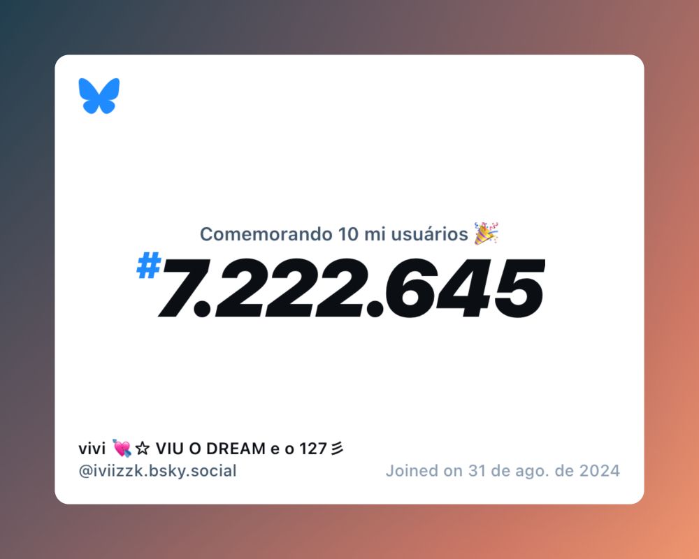 Um certificado virtual com o texto "Comemorando 10 milhões de usuários no Bluesky, #7.222.645, vivi 💘☆ VIU O DREAM e o 127彡 ‪@iviizzk.bsky.social‬, ingressou em 31 de ago. de 2024"