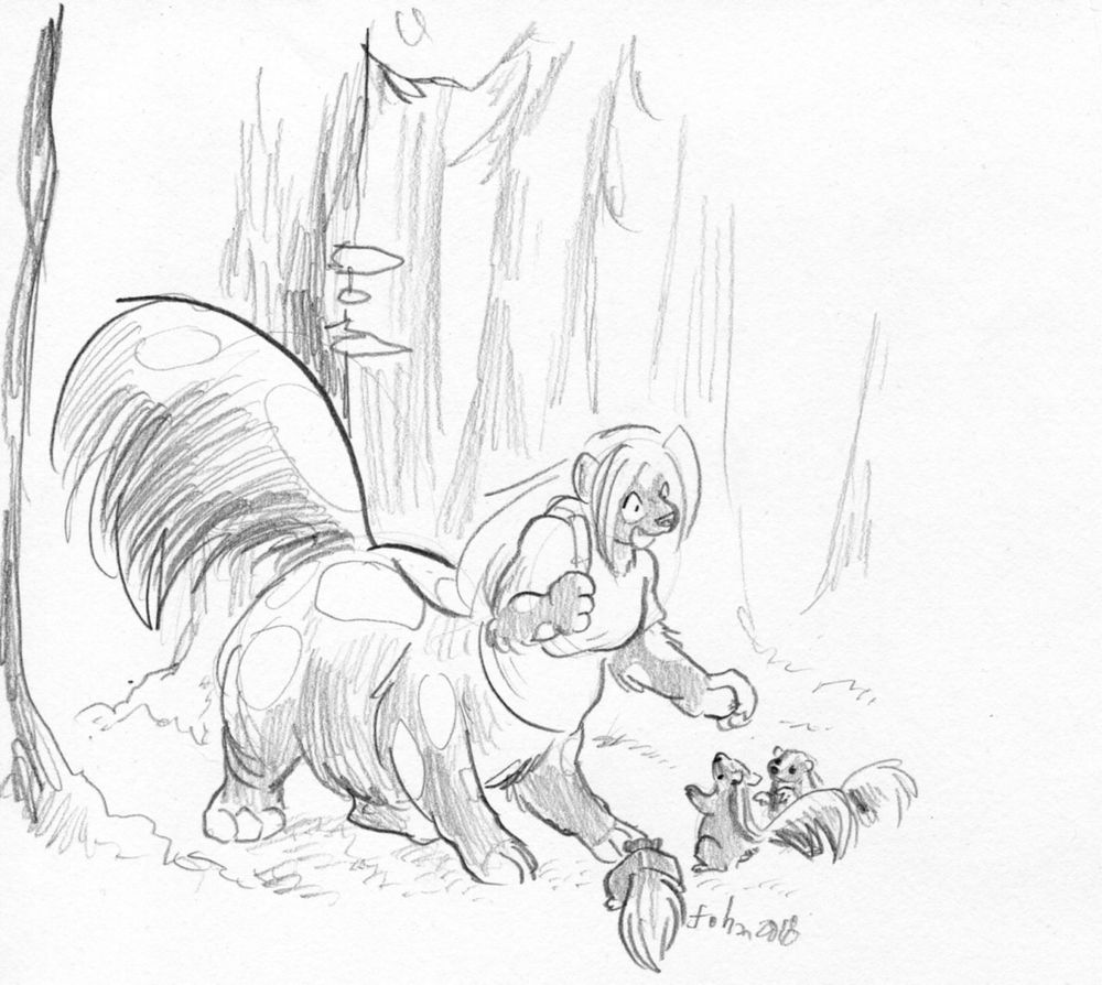Pencil art of Taross, a spotted skunktaur, having a little hike in the forest. Shi has encountered a small number wild little skunks who have approached this giant skunk with curiosity.