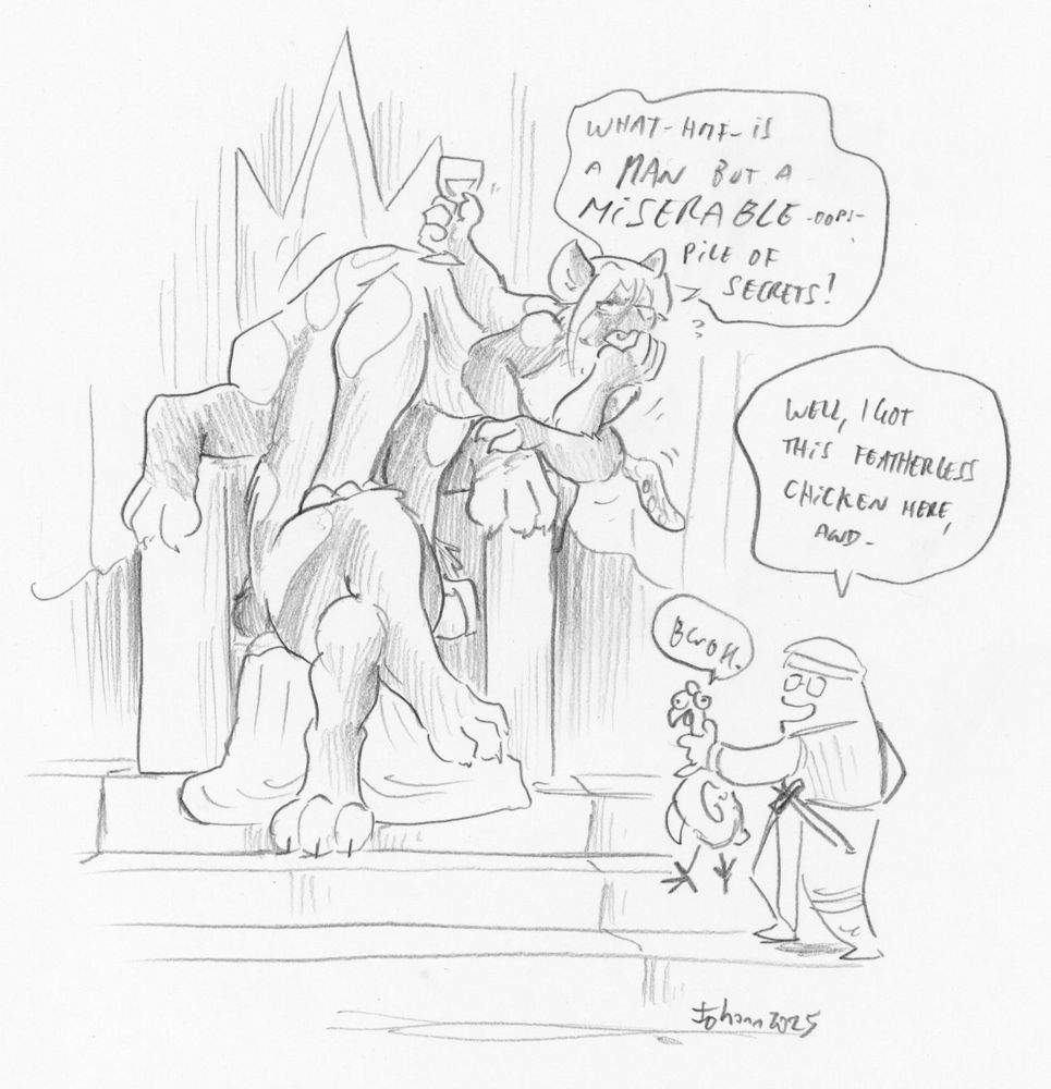 Displacer-beast-taur sitting uncomfortably in the big chair from the opening scene to a much parodied castlevania title, symphony of the night I think. Artist avatar of Cervelet is holding a chicken up.  Text: What -hmf- is a MAN but a MISERABLE pile of secrets!   Well, I got this featherless chicken here and...