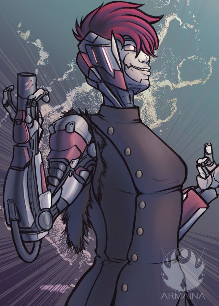 My cyborg OC, Hannah. Art by @armaina.bsky.social