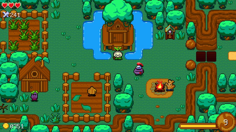 A screenshot from the game Buffet Knight, showing the main character happily standing in a leafy village of vegetable people. 
