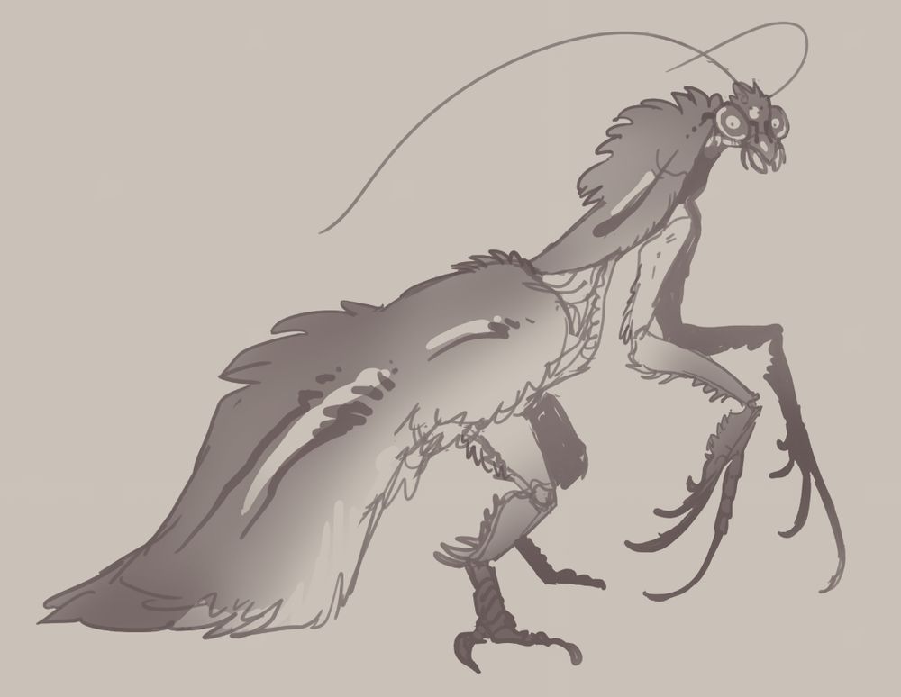 Sketch of a fantasy creature that is a hybrid of a praying mantis and therizinosaurus. It is bipedal with the front claws of the dinosaur re imagined as exaggerated mantis claws. The animal overall has a rugged appearance with tufts of feathers intermingled with spikes. 