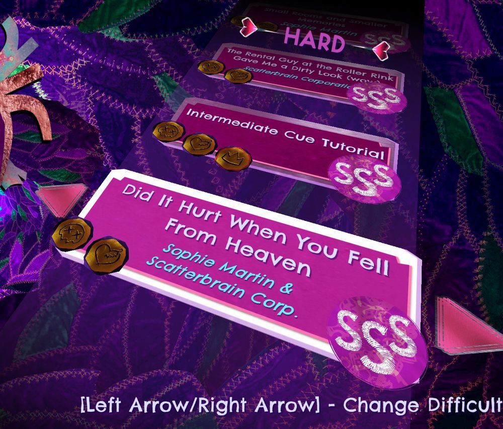 A screenshot from the game Beat Heart Beat showing all triple-S ranks on the track list. 