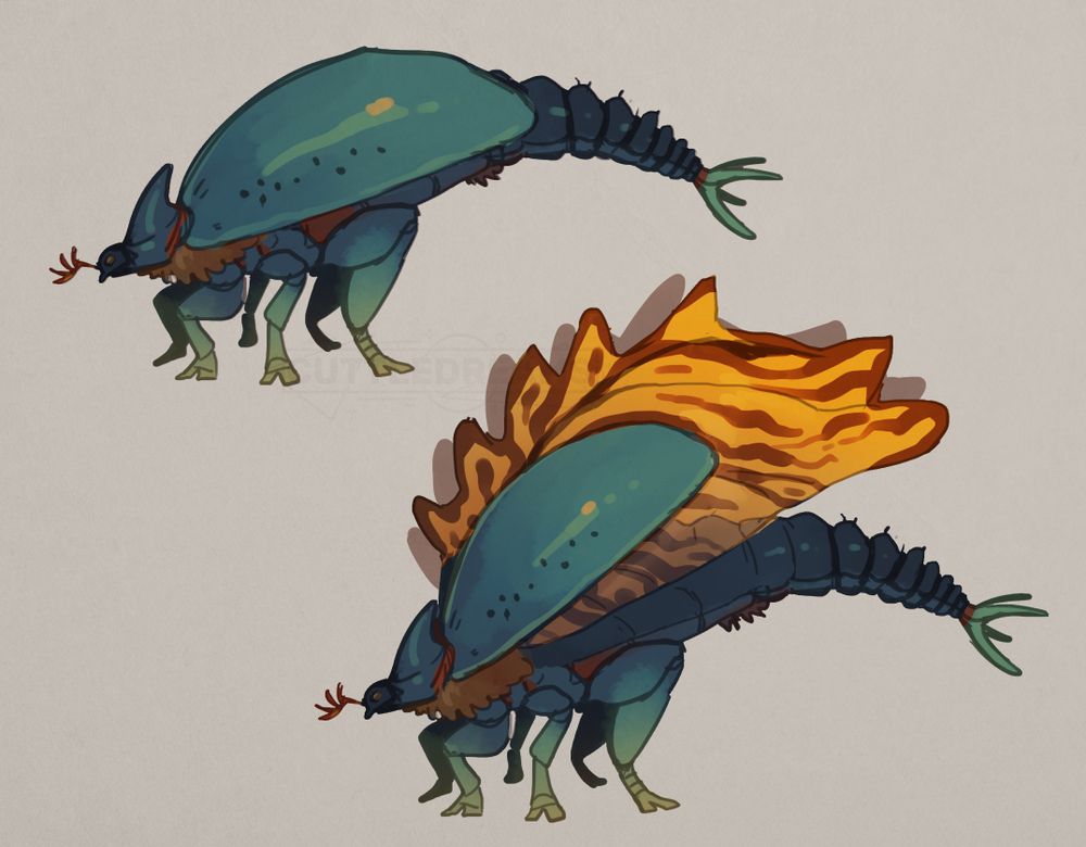 Two sketches of a teal fantasy beetle designed to resemble a stegosaurus. The first sketch has the elytra closed, the second open, exposing the bright orange sand striped wings. When flared, the wings are jagged and resemble the sails of a stegosaurus. 