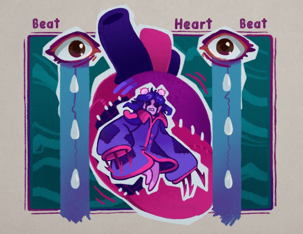 Artwork of the main character from Beat Heart Beat, with a stylized fabric human heart behind them. On either side are two eyes with stylized tear streams extending downward. Behind all of this is a box textured with stylized waves. 