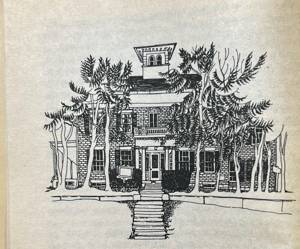 Langton sketch of the Homestead:
two-story 1813 brick building, central hallway, fireplaces at the two sides, cupola, small balcony, small portico

in front are spindly tall hemlock trees (see also next post)