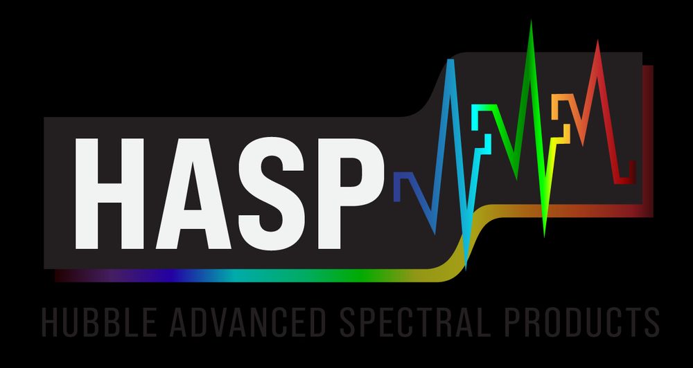 The logo for the Hubble Advanced Spectral Products, or HASP. White lettering with a rainbow border below. To the right is a set of stylized spectra ranging from violet to red that are in the process of "hooking" together. A hasp is a latching mechanism, which is similar to what HASP does--link different gratings from HST spectroscopy together.