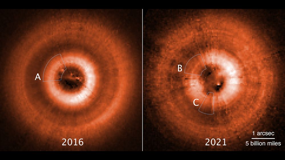 Images of the TW Hya disk from NASA/STScI showing the presence of one shadow seen in 2016 and a series of two shadows seen in 2021. After five years a new shadow had appeared and the shadow seen in 2016 had moved from roughly the 10 o'clock position on the sky to the 7 o'clock position.