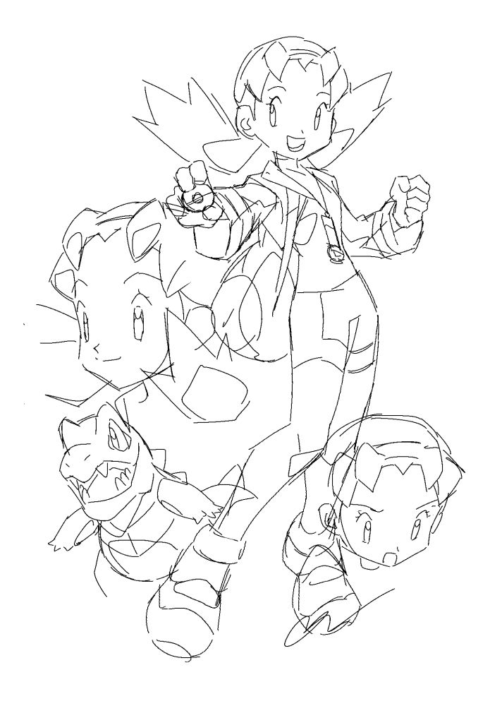 Various sketches of Kris from Pokémon Crystal, and a lone Totodile accompanying her