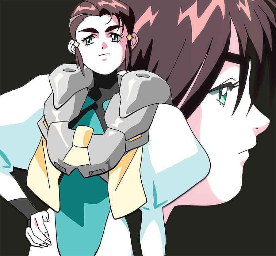 A woman in a futuristic diving suit from the hips up, and a side view of her from behind. The art style is influenced by 90s anime.
