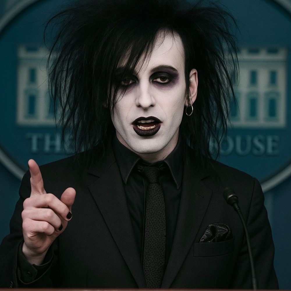 An imagined depiction of the original person styled as a goth from the 1980s. He has pale skin, heavy black eyeliner, dark purple eyeshadow, black lipstick, and wild, voluminous black hair. He wears a black suit and tie with a matching pocket square and a single hoop earring, standing at a podium with a blue background resembling a press briefing room.