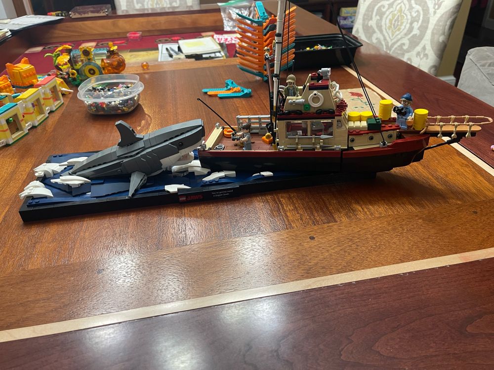 Lego Jaws set depicting the shark attacking the boat