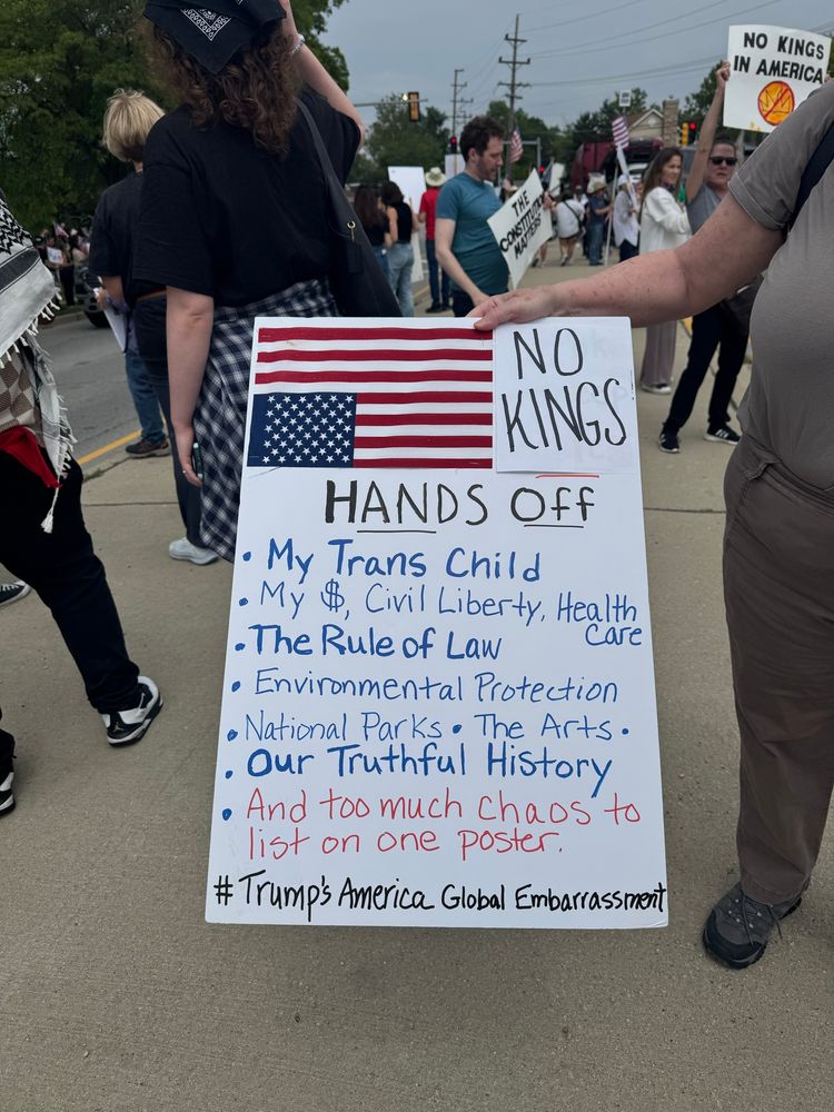 Protest sign

NO KINGS
HANDS OFF
My tans child
My $, civil liberty, healthcare
The Rule of Law
Environmental Protection
National Parks
The Arts
Our Truthful History
And too much chaos to list on one poster
#Trump’s America Global Embarrassment