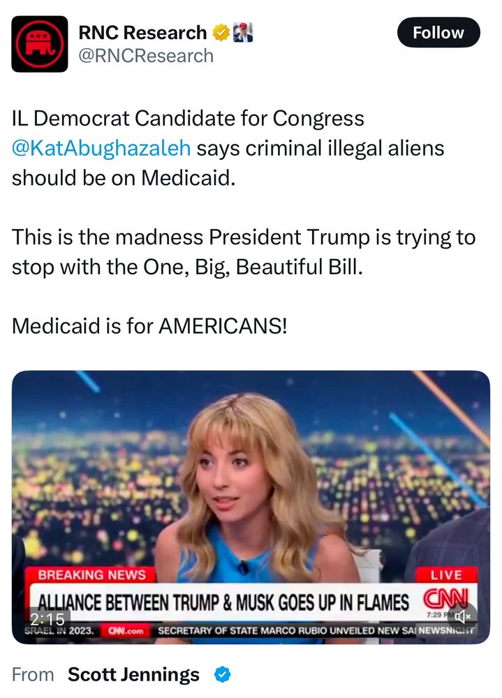 Tweet from @RNCResearch that says:

IL Democrat Candidate for Congress @KatAbughazaleh says criminal illegal aliens should be on Medicaid.

This is the madness President Trump is trying to stop with the One, Big, Beautiful Bill.

Medicaid is for AMERICANS!