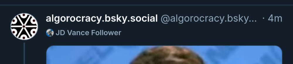 Screenshot of algorocracy.bsky.social showing they're a JD Vance Follower