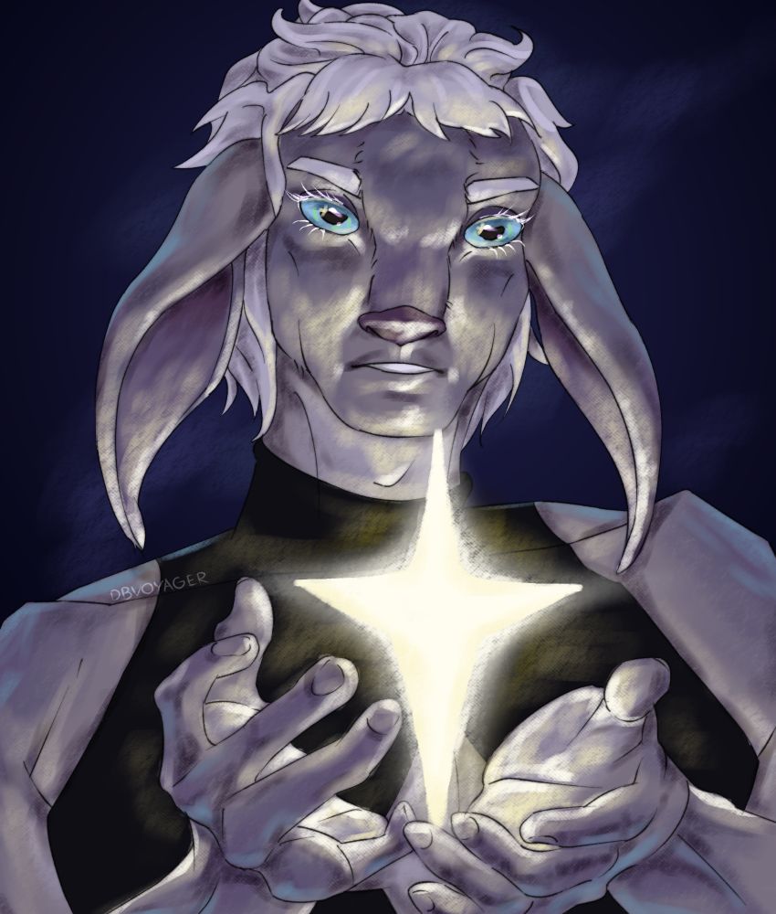 A firbolg with light purplish-grey fur holds a warm, glowing star that lights up their face, and they stare seriously into it with bright blue bovine eyes against a dark night sky. They're wearing a dark tank top, there's a short mop of white hair on their head pulled back into a ponytail, and their ears curl down to their shoulders.
