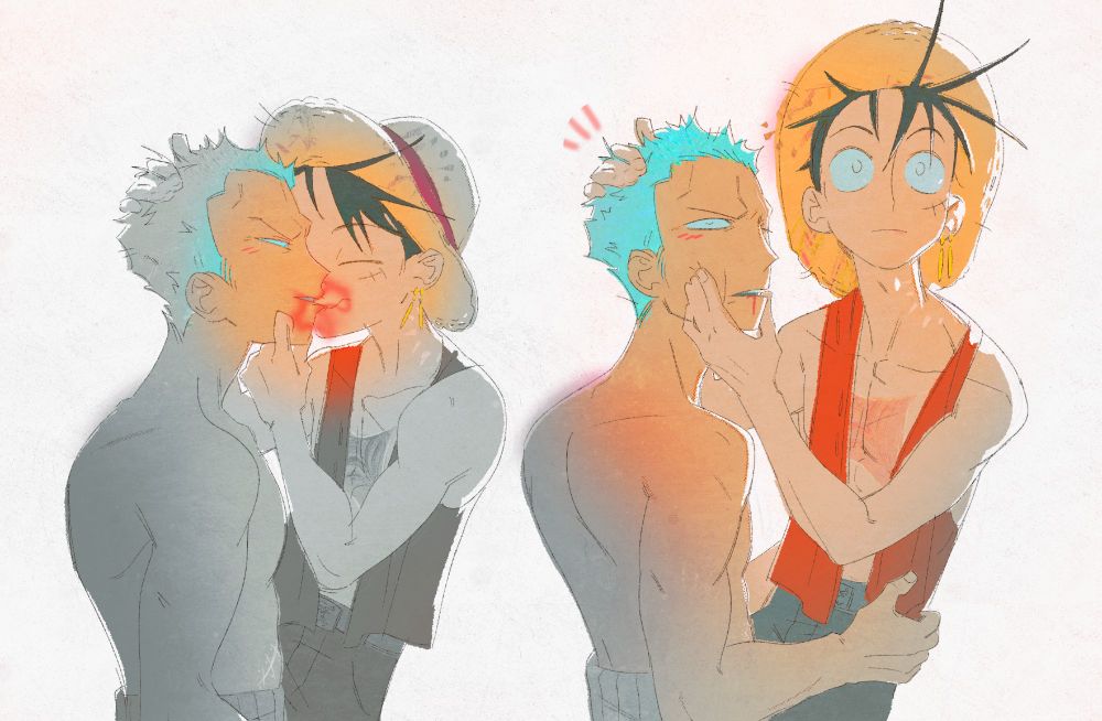 One Piece shipping fanart; two pictures of Luffy and Zoro. In the first one, Luffy bites Zoro's lip while supporting his chin with one hand and resting the other on Zoro's head. In the second image, both are distracted by something off-screen, a hint of blood swelling on Zoro's lip as he supports Luffy's hip.
