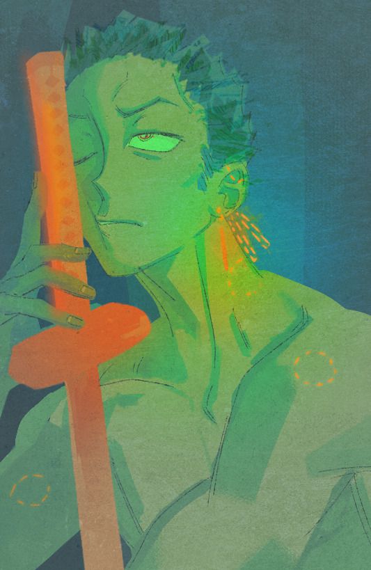 a one piece fanart; a colored drawing of zoro resting his cheek on wado's hilt