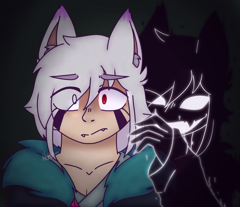 Para el tema Susurró hice este dibujo de mi oc Luck (Es un Kitsune) y la energía negativa que se le pegó al ir a la tierra de las almas 

la energía negativa le susurra cosas malas y negativas a Luck