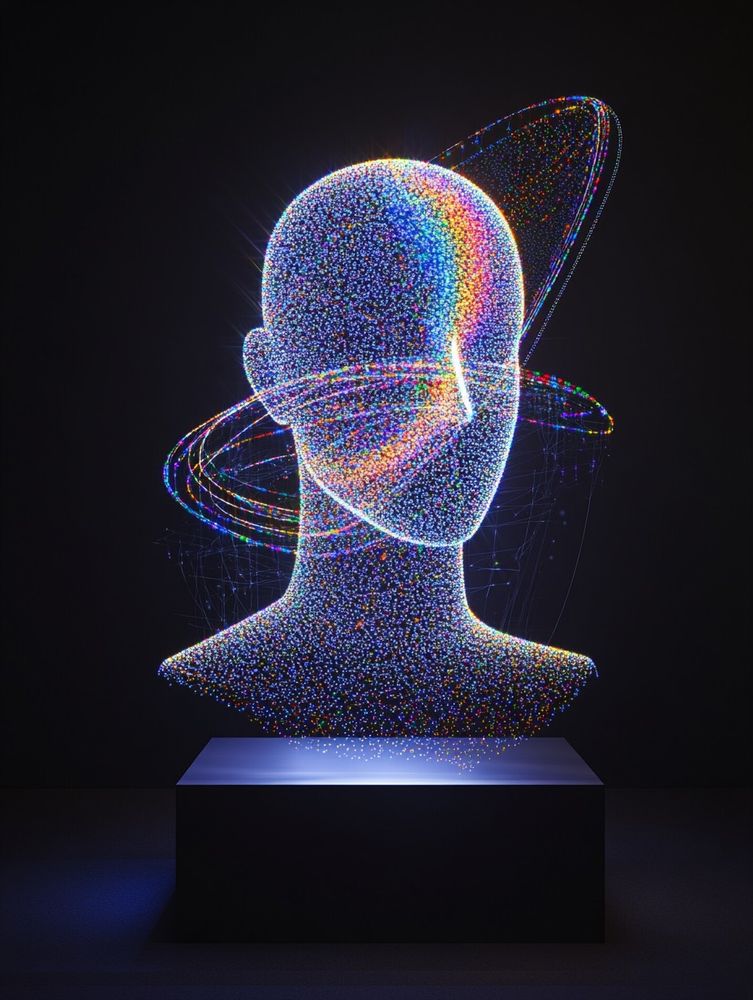 a holographic image of a silhouette human figure from the neck up. the human sculpture is made from tiny light dots resembling a holographic aesthetic with some rainbow lights. background is pitch black.

this memory is imagined by Midjourney Generative AI Art