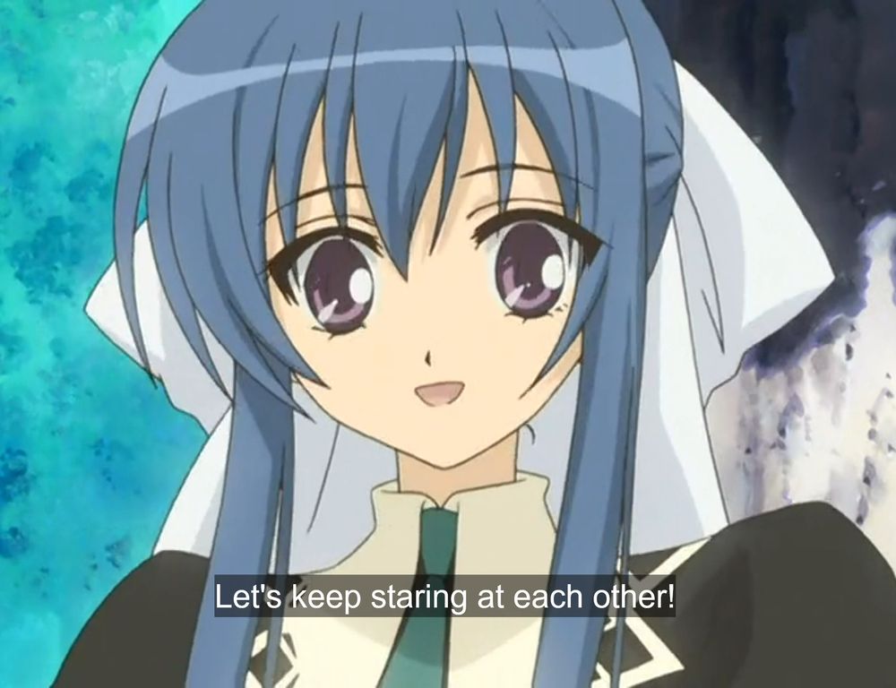 anime girl looking at the viewer with text that reads "Let's keep staring at each other!"