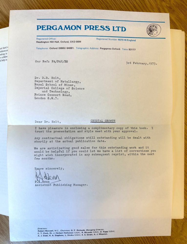 Letter from Pergamon Press Ltd (dated 3rd February 1975) to Dr. D.B. Holt of Imperial College, enclosing a complimentary copy of the book Crystal Growth and requesting corrections for future reprints.