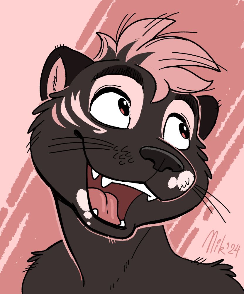 A brown otter with pink hair grinning